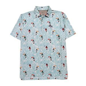 Johnnie-O Performance Polo Shirt Men's XL Toucan Tropical Print Stretch Blue